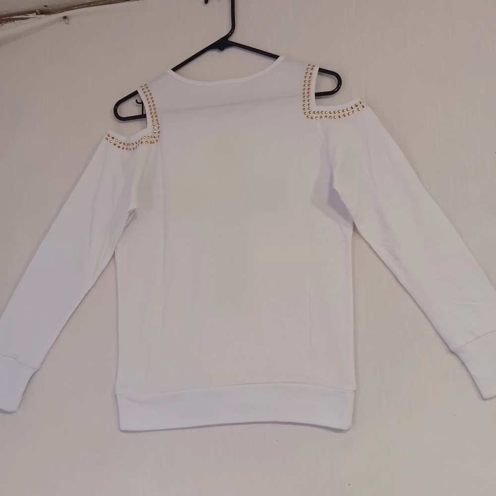 NWOT Top blouse Western Off Shoulder K.jordan white gold studs Cotton Casual S. - Picture 6 of 14